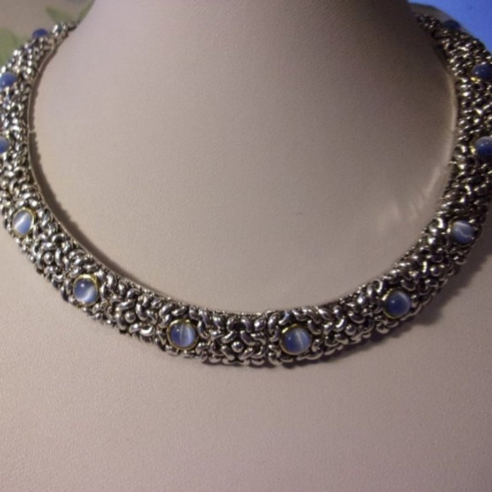 "Blue Cat's Eye Silver Tone Choker Necklace "